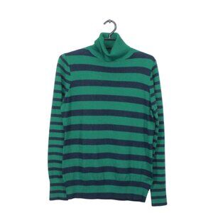 LL Bean Cotton Cashmere Sweater Turtleneck Stripe Green Navy Size Small